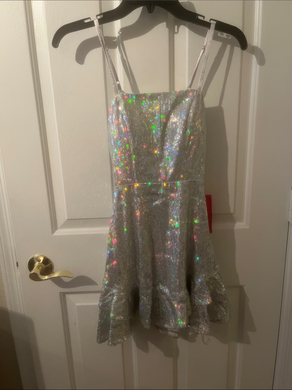 Silver Holographic Sparkle Formal Dress with Spaghetti Straps